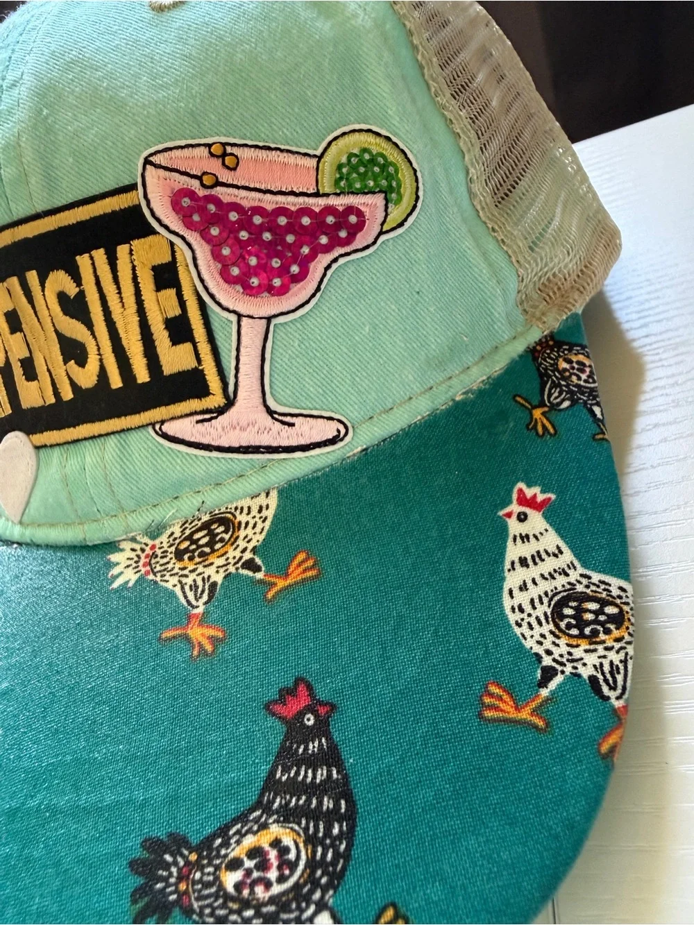 EXPENSIVE Patch Trucker Hat with Chicken Print Mesh SnapBack OS